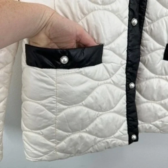 Kate Spade Quilted Puffer Coat Jacket Ivory Black Trim Pearl Buttons Size L - Picture 3 of 10